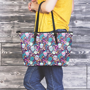 Calaveras Day Of The Dead Pattern Print Leather Tote Bag