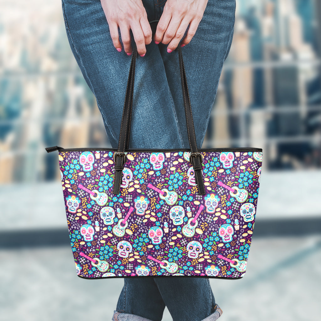 Calaveras Day Of The Dead Pattern Print Leather Tote Bag