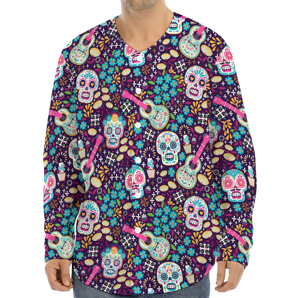 Calaveras Day Of The Dead Pattern Print Long Sleeve Baseball Jersey