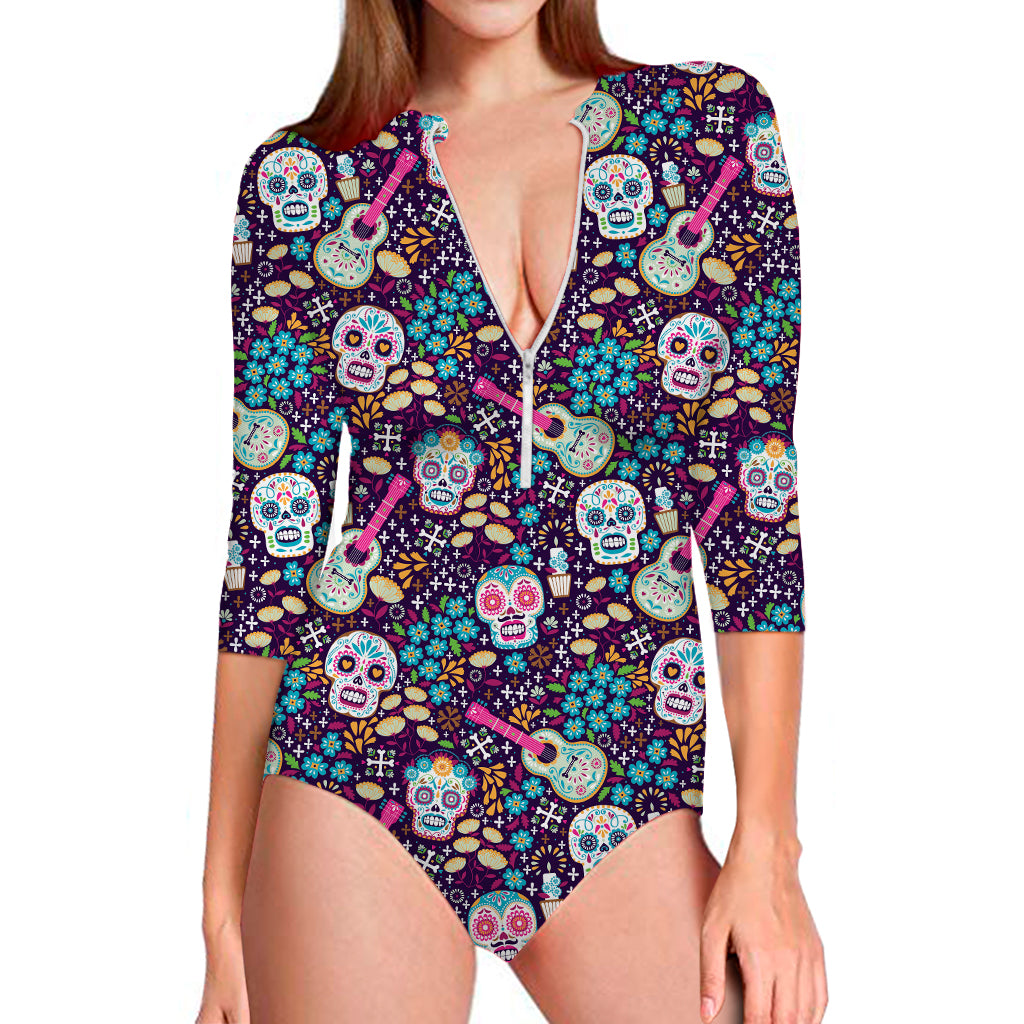 Calaveras Day Of The Dead Pattern Print Long Sleeve Swimsuit