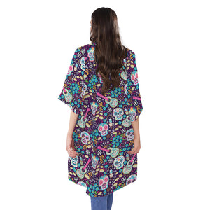 Calaveras Day Of The Dead Pattern Print Open Front Beach Cover Up