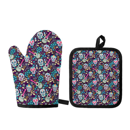 Calaveras Day Of The Dead Pattern Print Oven Mitt And Pot Holder Set