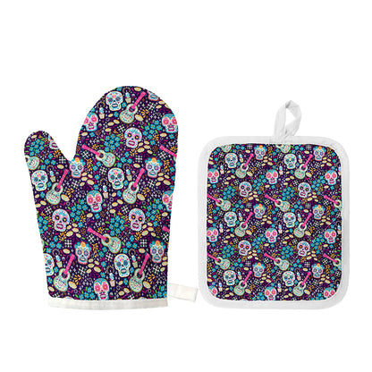 Calaveras Day Of The Dead Pattern Print Oven Mitt And Pot Holder Set