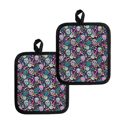 Calaveras Day Of The Dead Pattern Print Pot Holders