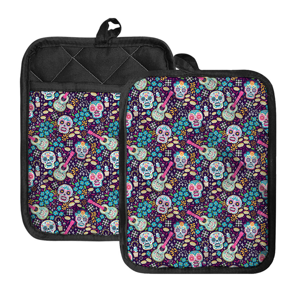 Calaveras Day Of The Dead Pattern Print Pot Holders With Pocket