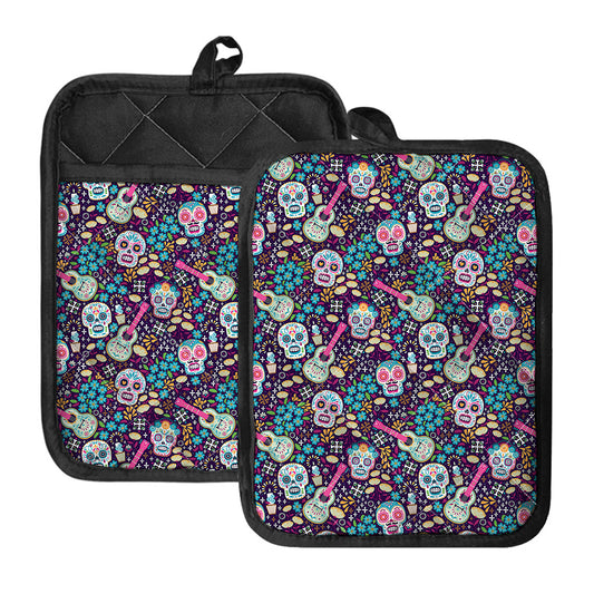 Calaveras Day Of The Dead Pattern Print Pot Holders With Pocket