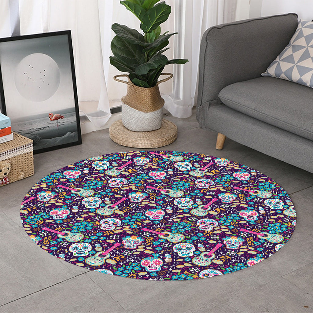 Calaveras Day Of The Dead Pattern Print Round Rug