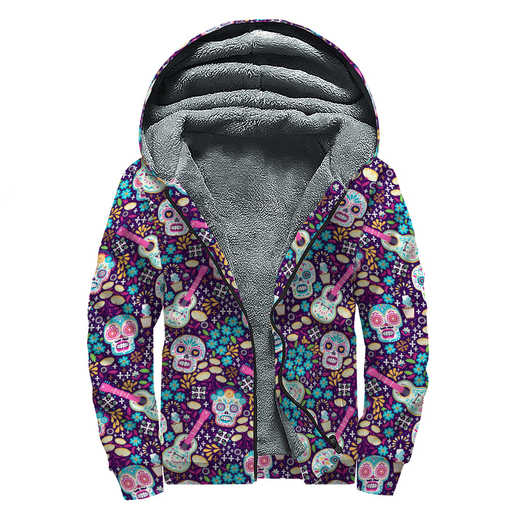 Calaveras Day Of The Dead Pattern Print Sherpa Lined Zip Up Hoodie