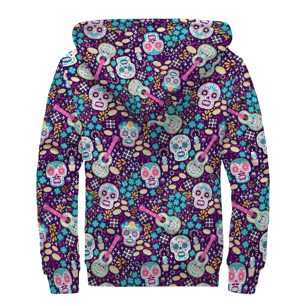 Calaveras Day Of The Dead Pattern Print Sherpa Lined Zip Up Hoodie