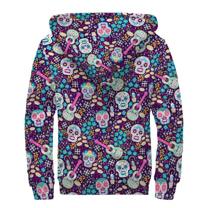 Calaveras Day Of The Dead Pattern Print Sherpa Lined Zip Up Hoodie