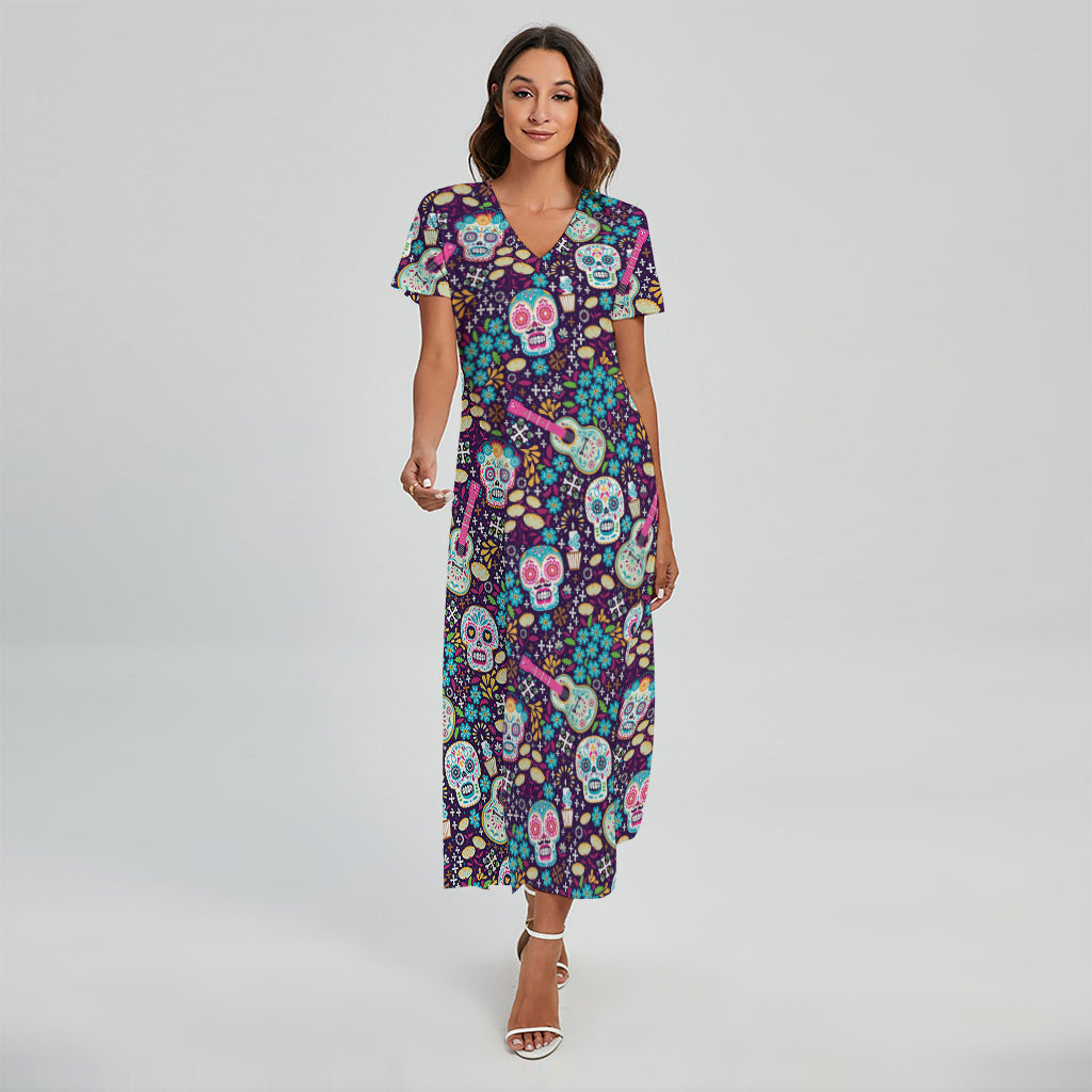 Calaveras Day Of The Dead Pattern Print Short Sleeve Maxi Dress