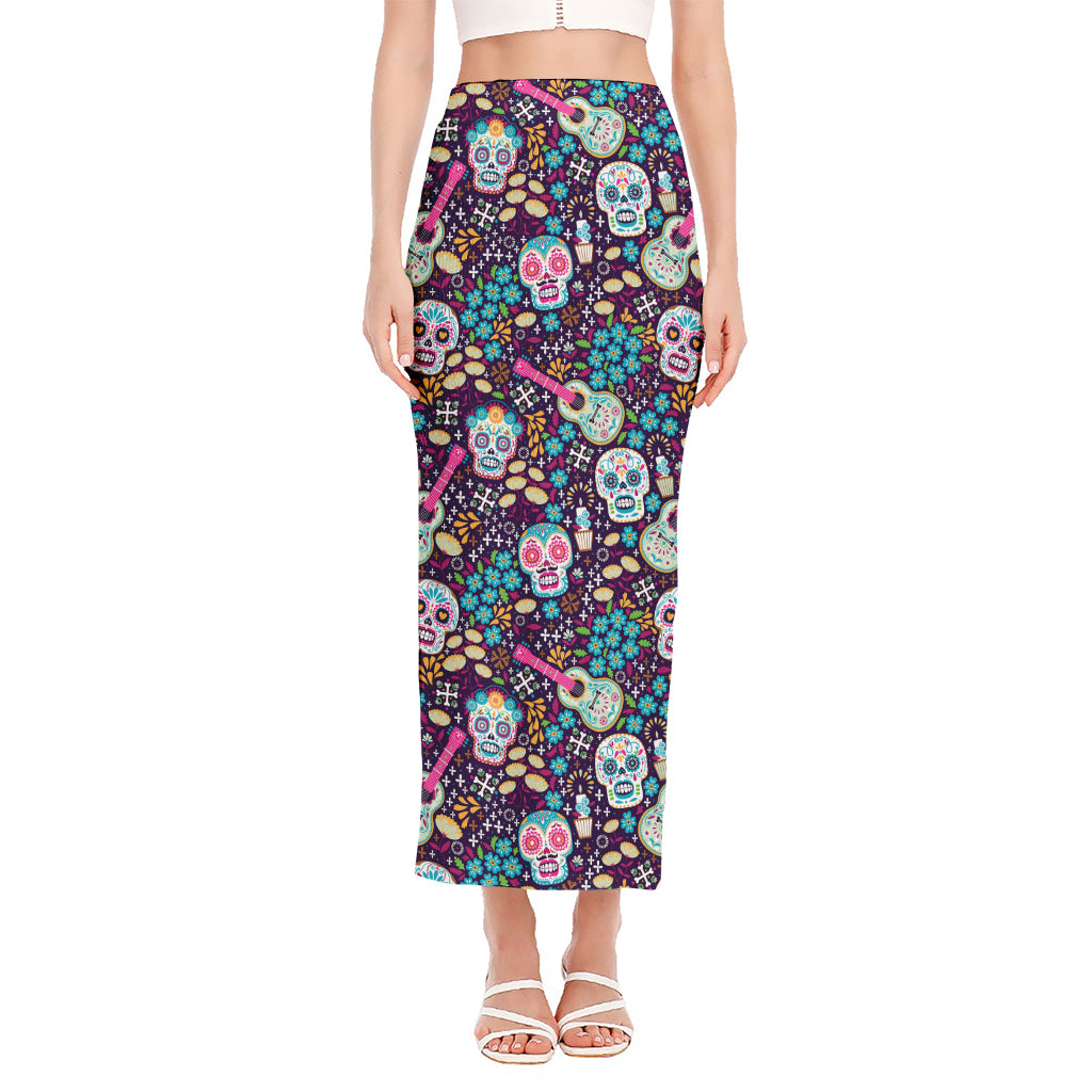 Calaveras Day Of The Dead Pattern Print Side Slit Maxi Skirt