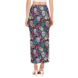 Calaveras Day Of The Dead Pattern Print Side Slit Maxi Skirt