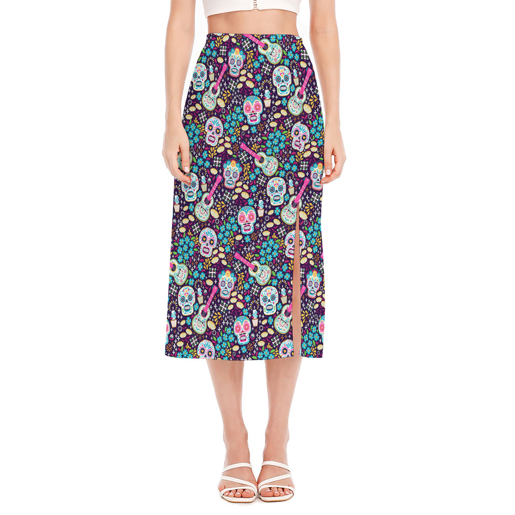 Calaveras Day Of The Dead Pattern Print Side Slit Midi Skirt