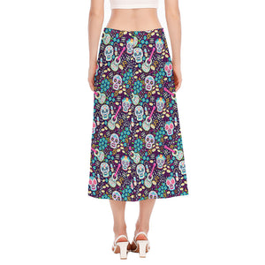 Calaveras Day Of The Dead Pattern Print Side Slit Midi Skirt