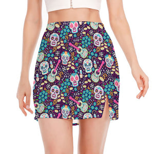 Calaveras Day Of The Dead Pattern Print Side Slit Mini Skirt