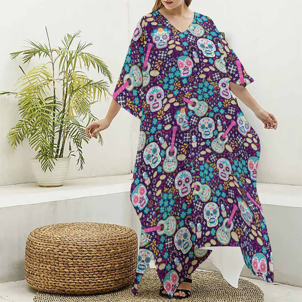 Calaveras Day Of The Dead Pattern Print Silk V-Neck Kaftan Dress