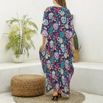 Calaveras Day Of The Dead Pattern Print Silk V-Neck Kaftan Dress