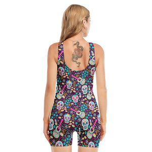 Calaveras Day Of The Dead Pattern Print Sleeveless One Piece Swimsuit