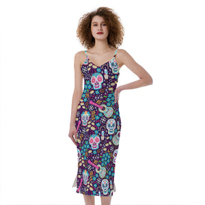 Calaveras Day Of The Dead Pattern Print Slim Fit Midi Cami Dress