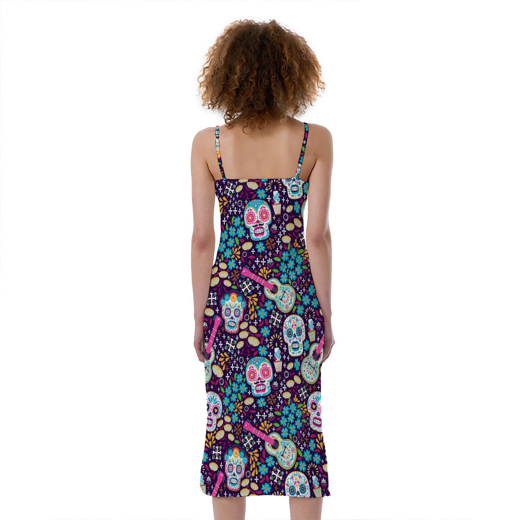 Calaveras Day Of The Dead Pattern Print Slim Fit Midi Cami Dress