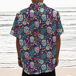 Calaveras Day Of The Dead Pattern Print Textured Short Sleeve Shirt