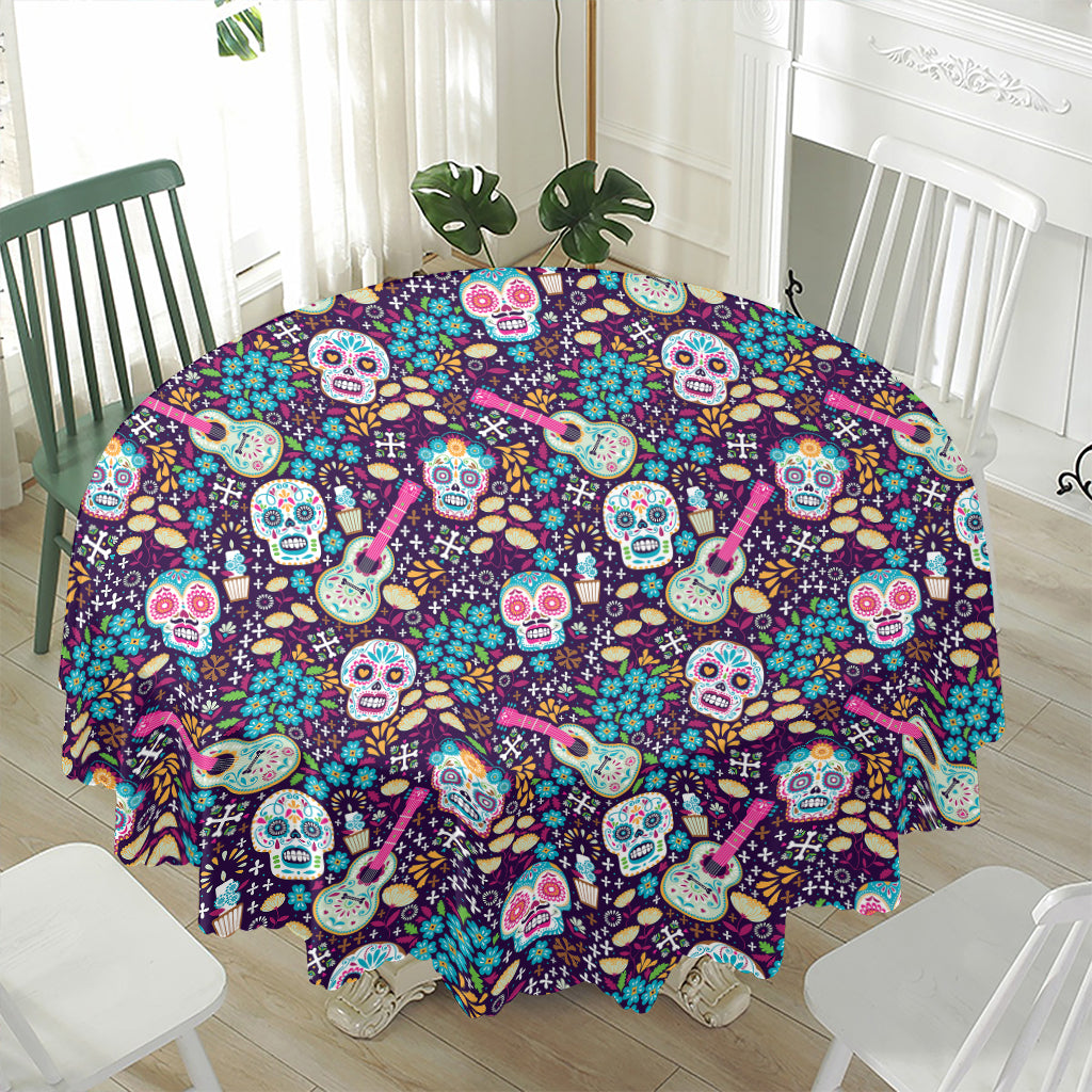 Calaveras Day Of The Dead Pattern Print Waterproof Round Tablecloth