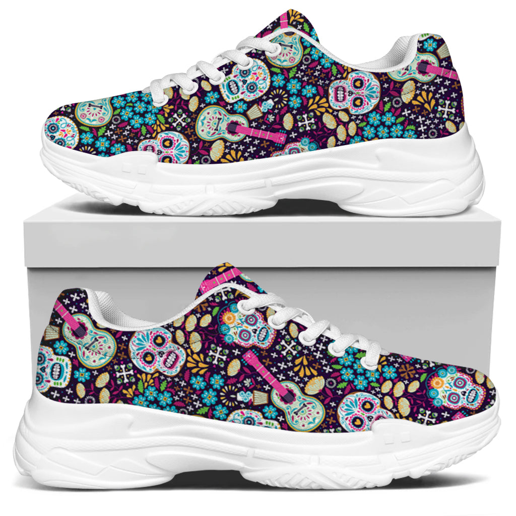 Calaveras Day Of The Dead Pattern Print White Chunky Shoes