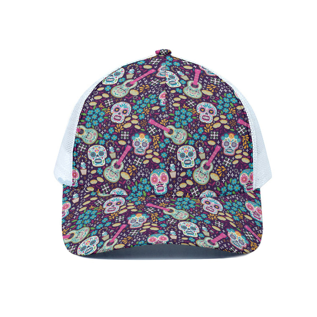 Calaveras Day Of The Dead Pattern Print White Mesh Trucker Cap