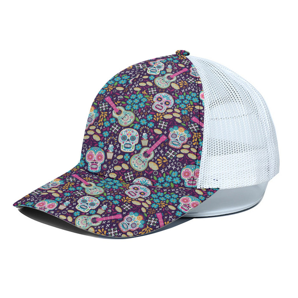 Calaveras Day Of The Dead Pattern Print White Mesh Trucker Cap