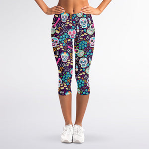 Calaveras Day Of The Dead Pattern Print Women's Capri Leggings