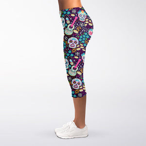 Calaveras Day Of The Dead Pattern Print Women's Capri Leggings