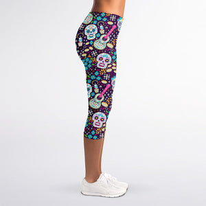 Calaveras Day Of The Dead Pattern Print Women's Capri Leggings