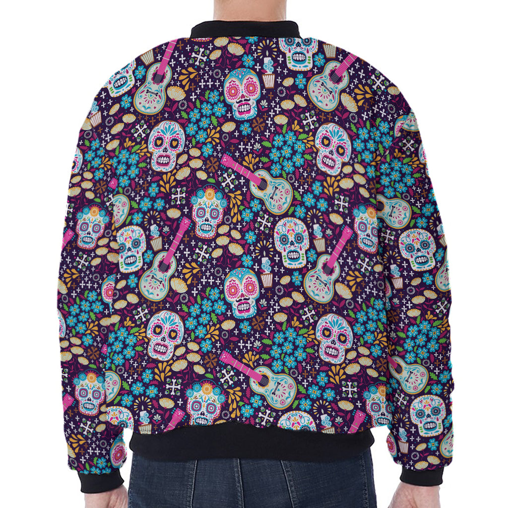 Calaveras Day Of The Dead Pattern Print Zip Sleeve Bomber Jacket