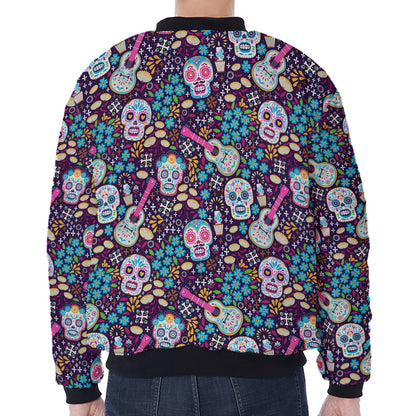 Calaveras Day Of The Dead Pattern Print Zip Sleeve Bomber Jacket