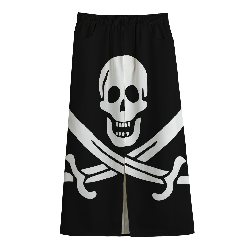 Calico Jack Pirate Flag Print Cotton Front Slit Maxi Skirt