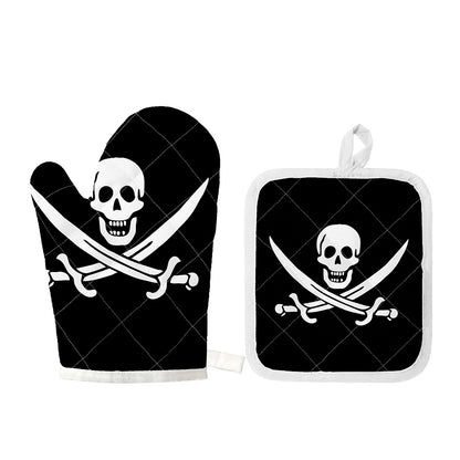 Calico Jack Pirate Flag Print Oven Mitt And Pot Holder Set