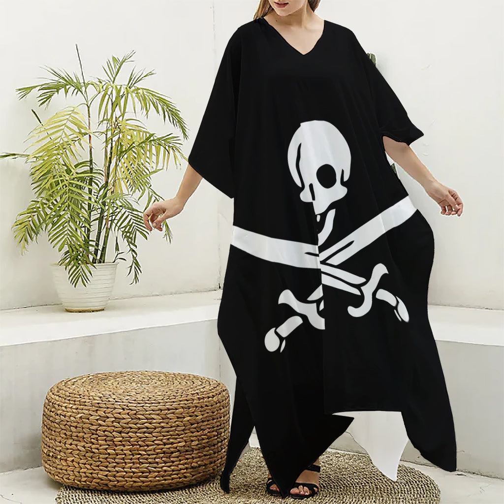 Calico Jack Pirate Flag Print Silk V-Neck Kaftan Dress