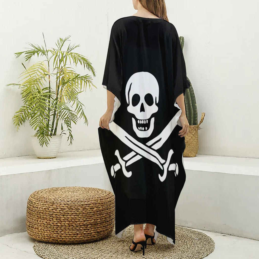 Calico Jack Pirate Flag Print Silk V-Neck Kaftan Dress