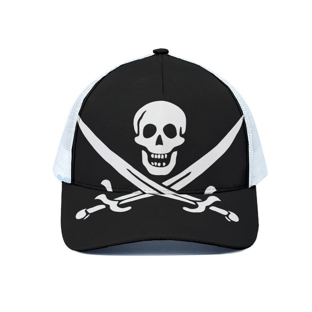 Calico Jack Pirate Flag Print White Mesh Trucker Cap