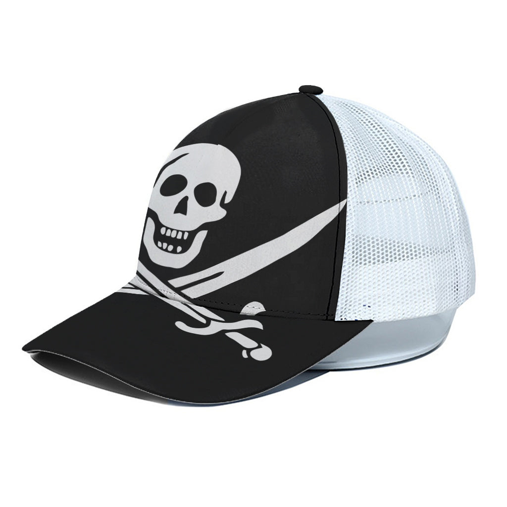 Calico Jack Pirate Flag Print White Mesh Trucker Cap