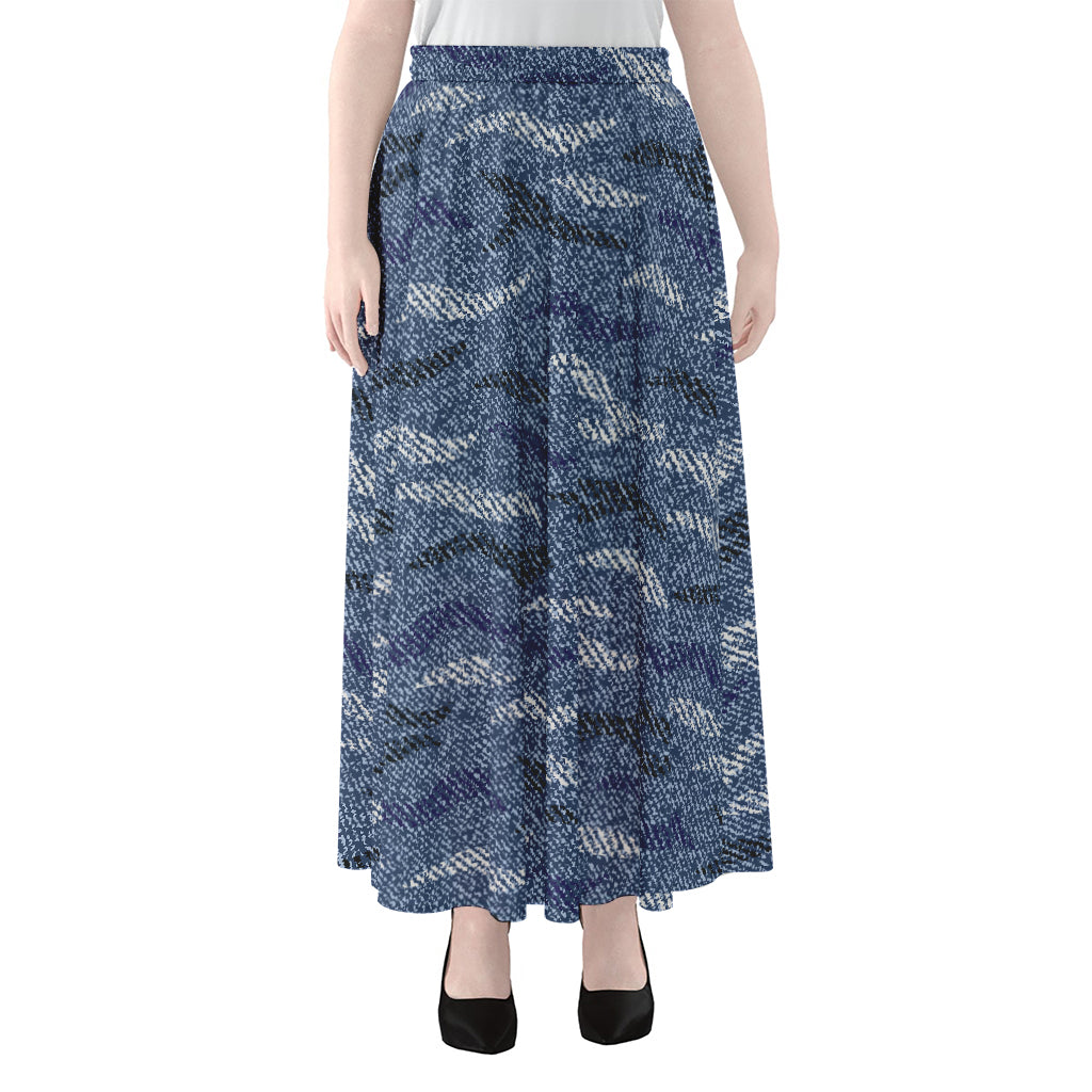 Camo Denim Jeans Pattern Print Chiffon Maxi Skirt