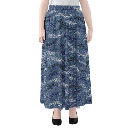 Camo Denim Jeans Pattern Print Chiffon Maxi Skirt