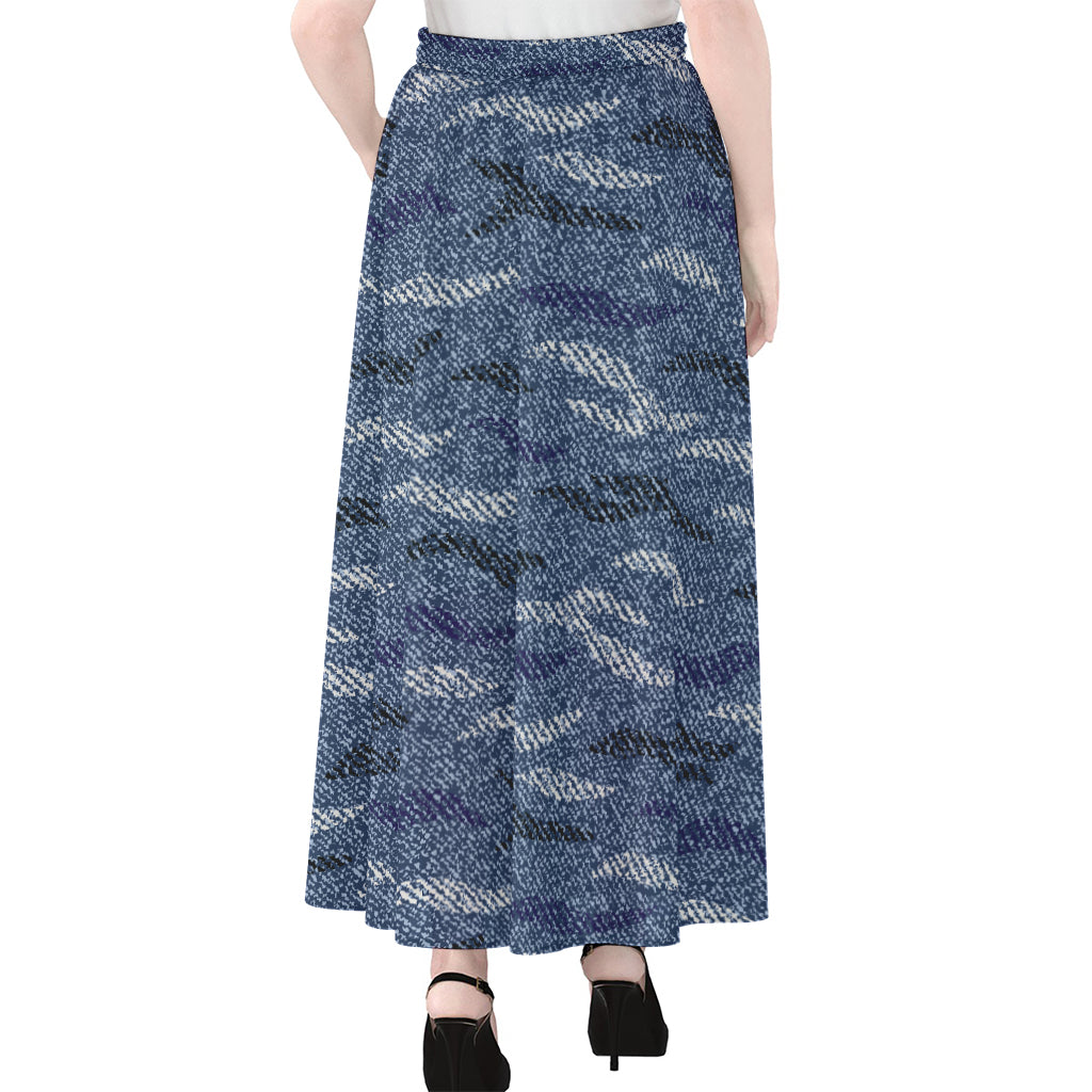 Camo Denim Jeans Pattern Print Chiffon Maxi Skirt