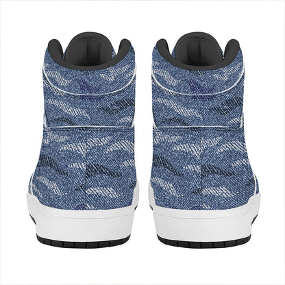 Camo Denim Jeans Pattern Print High Top Leather Sneakers
