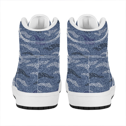 Camo Denim Jeans Pattern Print High Top Leather Sneakers