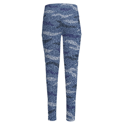 Camo Denim Jeans Pattern Print High-Waisted Pocket Leggings