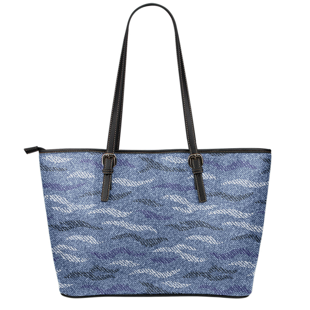 Camo Denim Jeans Pattern Print Leather Tote Bag