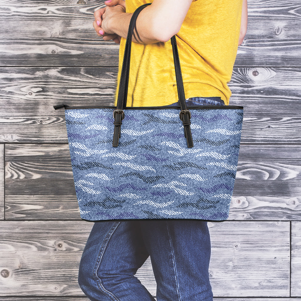 Camo Denim Jeans Pattern Print Leather Tote Bag