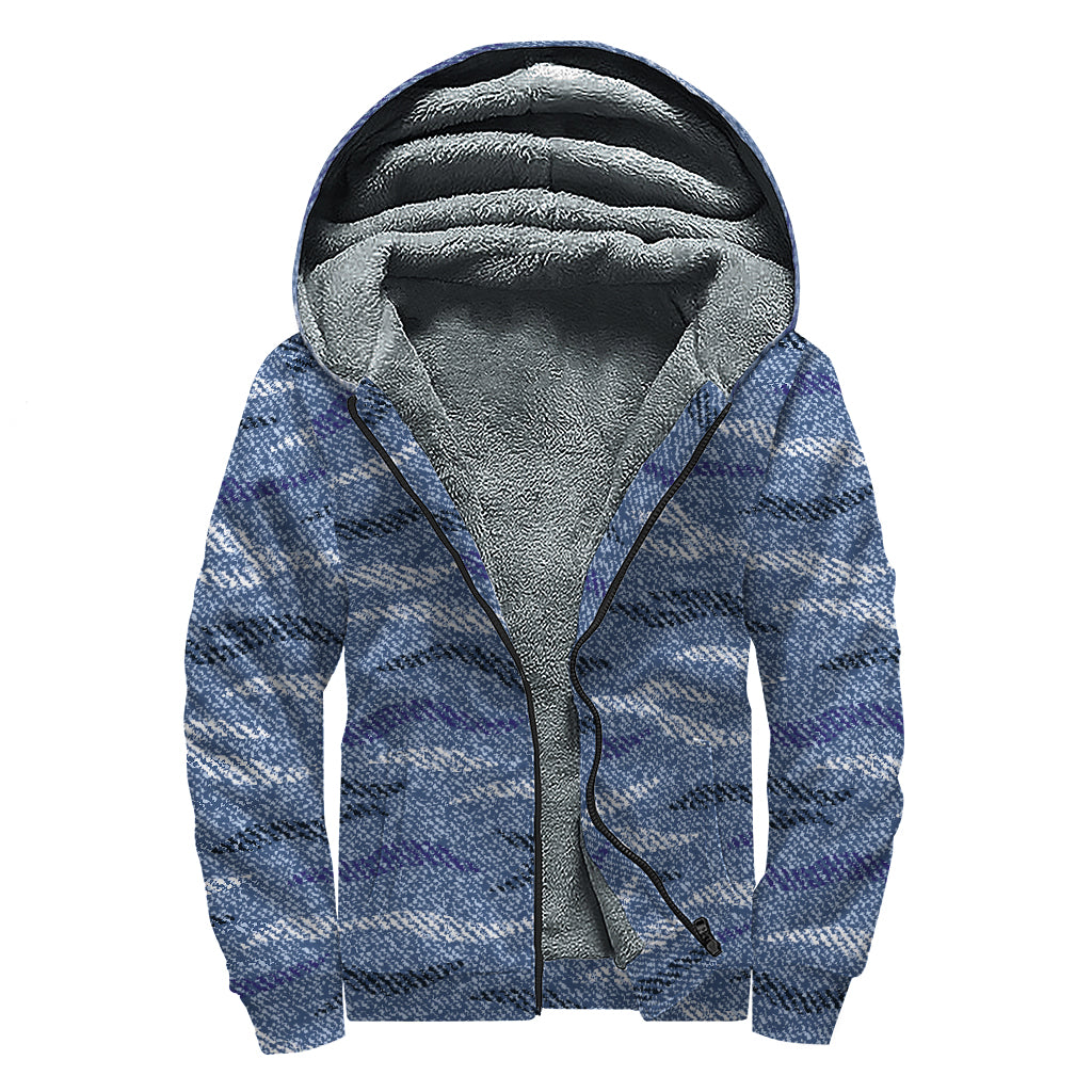 Camo Denim Jeans Pattern Print Sherpa Lined Zip Up Hoodie